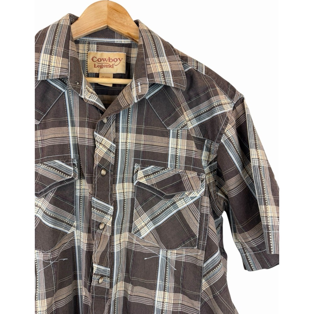 Cowboy Legend Pearl Snap Western‎ Rodeo Shirt Mens L Brown Plaid Short Sleeve